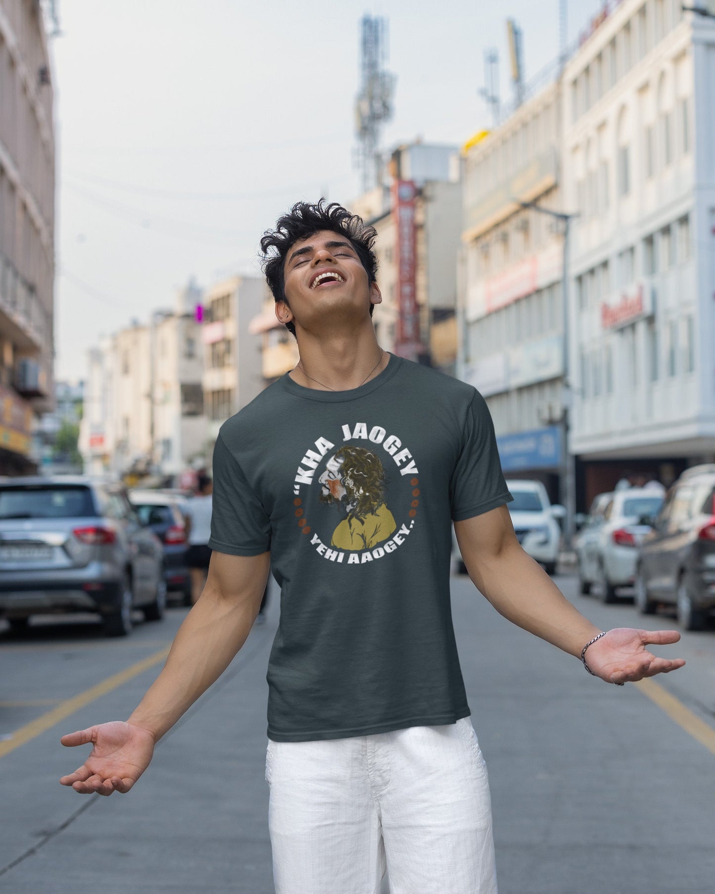 "Kha Jaoge, Yehi Aaoge" T-Shirt (Olive Green/Steel Grey) - Men's