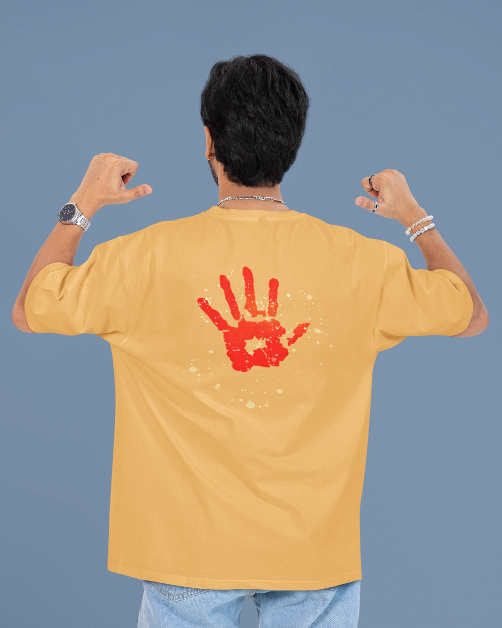 Pushpa Holi Teez,Grey Melange,Golden Yellow,-Oversized T-Shirt 'Holi Khelane Aayaa Main'