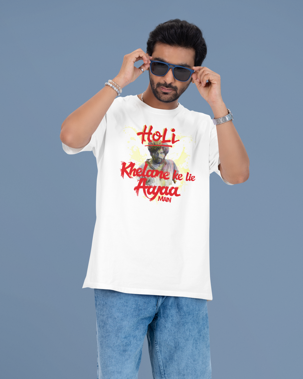 Pushpa Inspired White Holi Oversized T-Shirt 'Holi Khelane Aayaa Main'