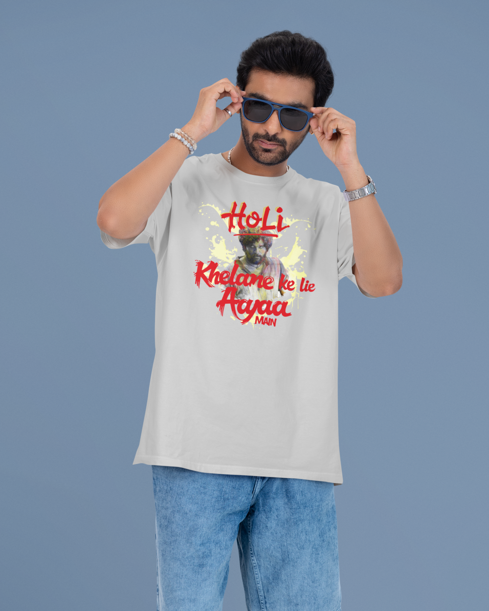 Pushpa Holi Teez,Grey Melange,Golden Yellow,-Oversized T-Shirt 'Holi Khelane Aayaa Main'