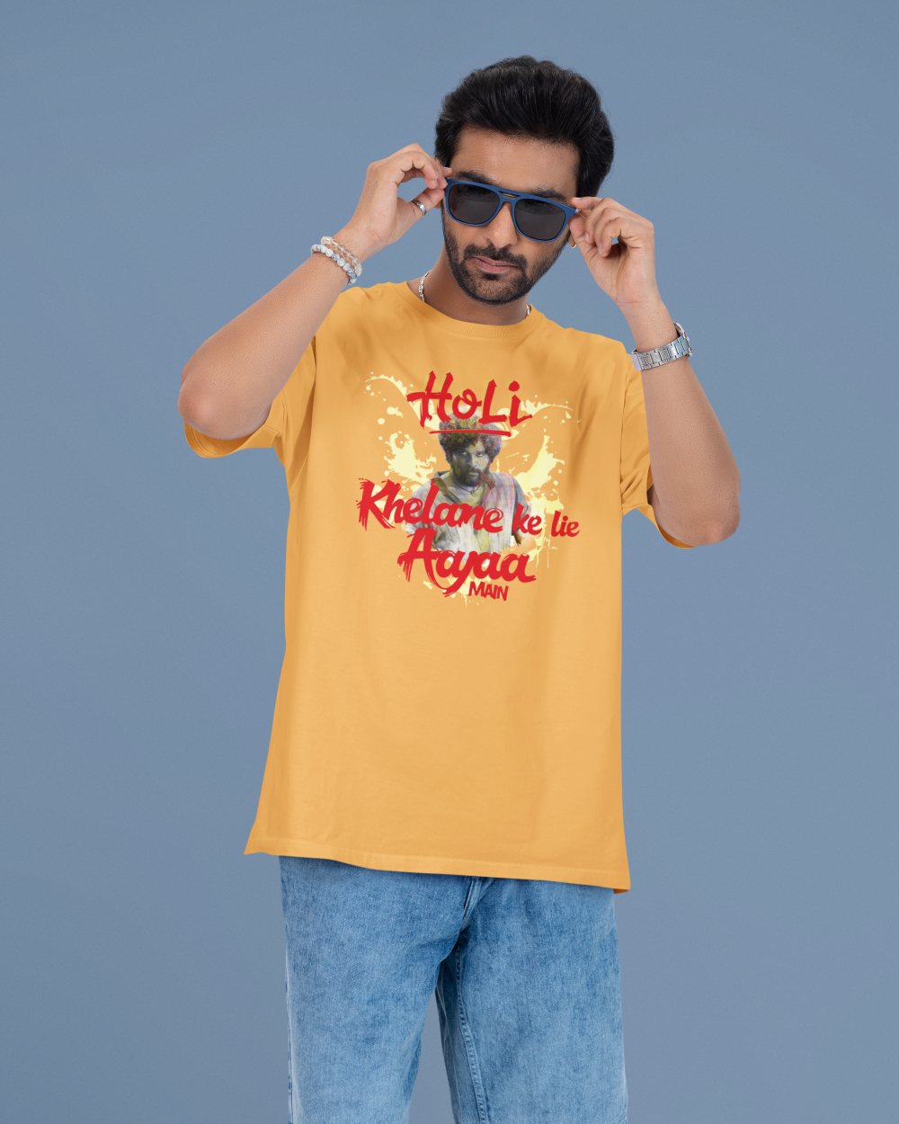 Pushpa Holi Teez,Grey Melange,Golden Yellow,-Oversized T-Shirt 'Holi Khelane Aayaa Main'